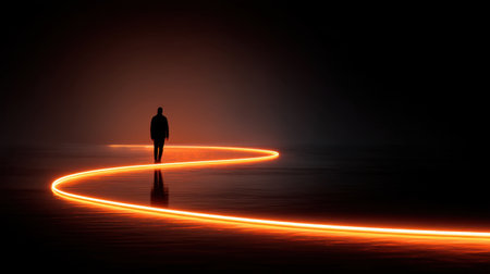 A solitary figure navigates a dark, reflective landscape, guided by a warm orange light that creates an ethereal atmosphere, evoking a sense of mystery and introspection.の素材