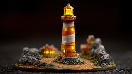 A beautifully crafted miniature lighthouse model features stunning details and warm illumination, perfect for adding a nautical ambiance to any setting or decor.の素材