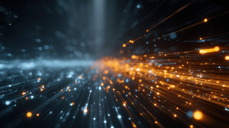 This captivating abstract image showcases vibrant light particles in motion, creating a dynamic visual effect with energetic hues of blue and orange, perfect for various creative projects.の素材