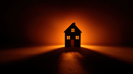 This captivating image features a minimalist silhouette of a house illuminated by a warm glow, casting elongated shadows, creating an inviting ambiance of comfort and tranquility.の素材