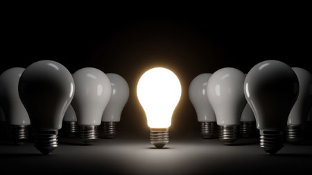 A glowing light bulb illuminates the darkness, visually symbolizing inspiration and creativity, surrounded by unlit bulbs, perfect for concept imagery.の素材