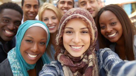 A vibrant group of young adults captures a joyful moment outdoors, showcasing smiles and unity. This image reflects friendship, warmth, and multicultural connections.の素材