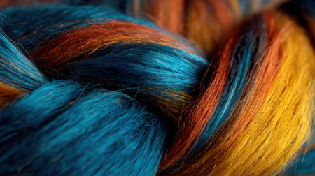 A close-up shot showcasing a beautiful blend of blue, orange, and yellow hair strands intricately braided together, perfect for artistic and creative projects.の素材