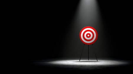 A spotlight shines on a classic target symbol against a dark backdrop, symbolizing focus and determination, ideal for themes of achievement and motivation.の素材