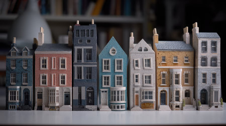 This image features a charming arrangement of colorful miniature houses on a table, showcasing various architectural styles and craftsmanship in a cozy indoor setting.の素材