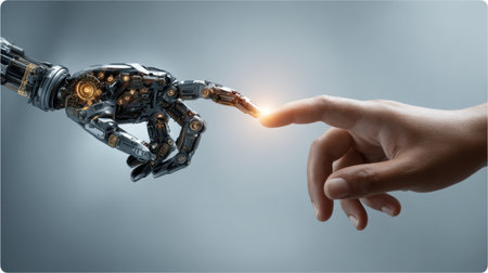 A human hand reaches out to touch a mechanical robotic hand in a powerful representation of connection, showcasing the relationship between humanity and advanced technology.の素材