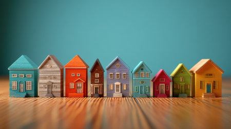 A captivating arrangement of colorful miniature homes displays artistic charm and diverse architecture, perfect for creative projects and cheerful design inspiration.の素材
