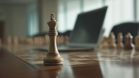 A detailed perspective of a wooden king chess piece on a chessboard with a laptop nearby, representing strategy and focus in dynamic business and leisure activities.の素材