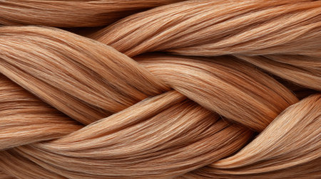 This close-up image showcases a beautifully braided hairstyle in a honey blonde tone, emphasizing the smoothness and elegance of the fine strands for beauty inspiration.の素材