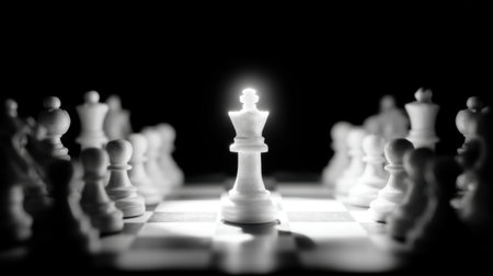 A striking black and white image of a white chess king standing alone among dark pieces, symbolizing strategy, leadership, and the essence of competition in chess.の素材