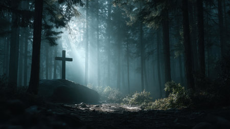 A tranquil scene captures mist filtering through tall trees in a serene forest, illuminating a solitary cross on a rock, evoking a sense of peace and spirituality.の素材