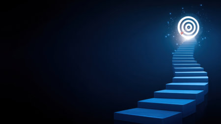 This image depicts a conceptual journey with a glowing target at the end of a staircase, representing the path to success and achievement in personal and professional life.の素材