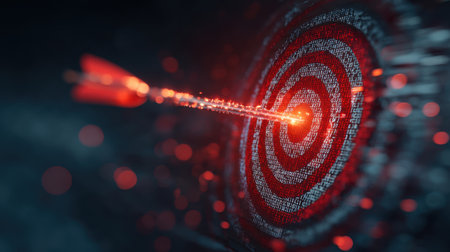 This striking image captures the moment an arrow strikes a target, symbolizing focus and achievement, with vibrant light effects creating an inspiring atmosphere.の素材