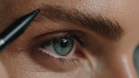 This detailed close-up shows a person's eye as they apply eyebrow makeup with a pencil, capturing the artistry and precision involved in cosmetic application.の素材