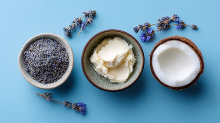 A visually appealing composition featuring lavender, shea butter, and coconut arranged in bowls against a blue background, perfect for natural skincare inspiration.の素材
