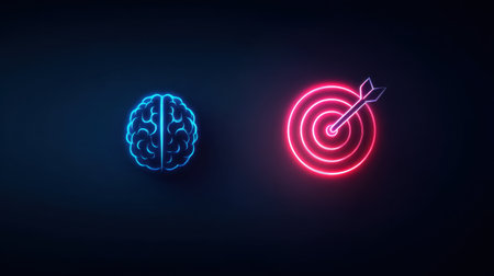 This vibrant neon illustration features a brain icon alongside a target with an arrow, symbolizing the relationship between focused thinking and achieving goals in a digital context.の素材