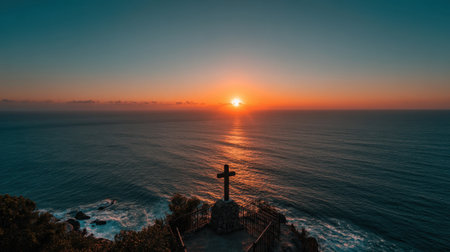 A breathtaking view of a serene sunset over an expansive ocean, featuring a cross silhouette against the colorful sky, evoking peace and natural beauty.の素材