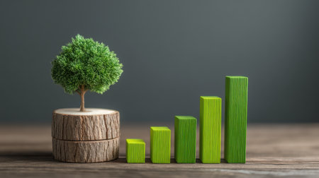 This striking image features a miniature tree alongside colorful bar graphs, symbolizing growth, sustainability, and business progress on a wooden surface.の素材