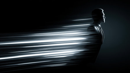 A striking image depicting a businessman in motion, surrounded by energetic light trails against a dark backdrop, symbolizing innovation and forward-thinking in a dynamic environment.の素材
