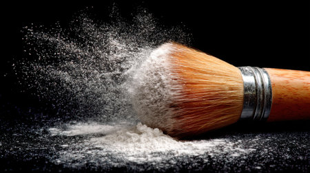 Close-up view of a makeup brush ejecting powder particles against a dark background, showcasing artistry in cosmetic applications for beauty and skincare enthusiasts.の素材