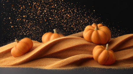 This captivating image features vibrant orange pumpkins resting on golden sand, with enchanting dust particles swirling above, perfect for autumn themes and seasonal inspiration.の素材