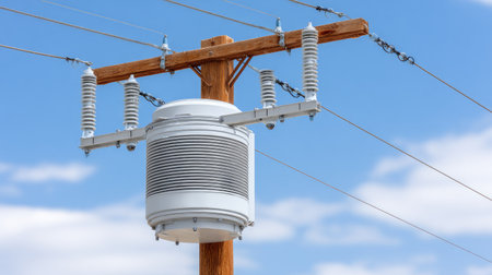 A detailed view of a power transformer mounted on a utility pole against a clear blue sky. This image captures the essential elements of electrical infrastructure in modern energy distribution.の素材