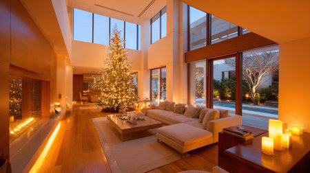 Immerse yourself in a cozy modern living room adorned with a beautifully lit Christmas tree, soft lighting, and inviting decor, perfect for holiday gatherings and relaxation.の素材