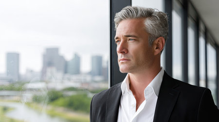 A thoughtful businessman dressed in formal wear stares out of a large window, reflecting on future opportunities against a backdrop of a modern urban landscape.の素材