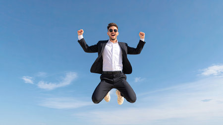 A young man dressed in business attire jumps with excitement against a bright blue sky, capturing a moment of pure joy and celebration for success and freedom.の素材