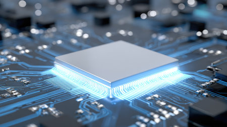 This image showcases a modern microchip at the center of a complex circuitry, emphasizing connections and illuminated elements that represent technological innovation.の素材