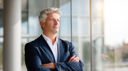 A confident businessman stands by a glass office window, arms crossed, contemplating future possibilities in a modern corporate setting filled with light.の素材