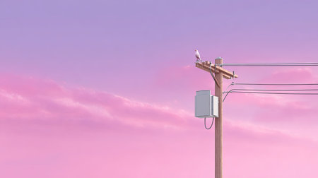 A peaceful scene featuring a solitary bird perched on a telephone pole, silhouetted against a soft pink and purple sky, creating a serene and tranquil atmosphere.の素材