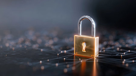 A glowing padlock represents the theme of security in the digital age, emphasizing the importance of data protection and cybersecurity in a connected world.の素材