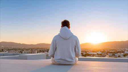 A person sits peacefully on a rooftop as the sun sets, creating a warm and tranquil atmosphere. The expansive cityscape provides a stunning backdrop for reflection.の素材
