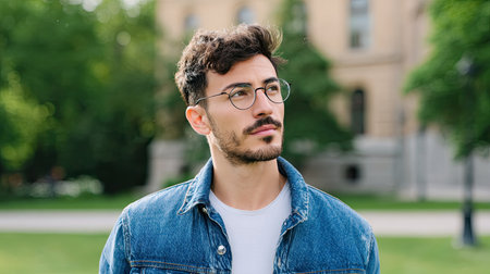 A young man in glasses and a denim jacket stands outdoors in a park, gazing thoughtfully into the distance, surrounded by greenery and classic architecture.の素材