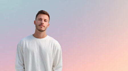 Portrait of a young man wearing a casual white sweatshirt, set against a soft pastel gradient background, reflecting a relaxed and confident vibe in modern fashion.の素材