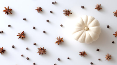 A white pumpkin takes center stage, surrounded by star anise and all spice. Perfect for seasonal decorations, culinary themes, or autumn-inspired photography.の素材