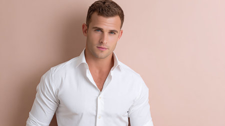 A confident young man poses in a well-fitted white shirt against a soft pink backdrop, exuding charm and modern elegance in a striking portrait.の素材