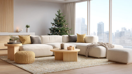 A cozy modern living room featuring a stylish white sofa, round wooden coffee table, decorative elements, and a charming Christmas tree with a panoramic skyline view.の素材