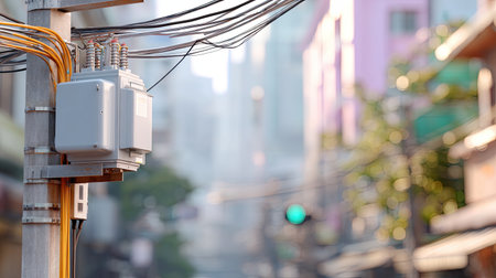 A detailed view of an urban power distribution system mounted on a street pole, with blurred buildings in the background and a green traffic light that enhances the bustling city atmosphere.の素材