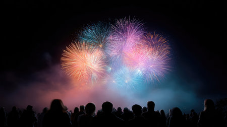 A mesmerizing display of vibrant fireworks illuminating the night sky, captivating a diverse crowd celebrating together under a magical atmosphere of excitement.の素材