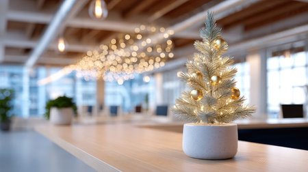 A serene scene of a small Christmas tree with decorative lights in a modern office setting, creating a cozy and festive atmosphere for the holiday season.の素材