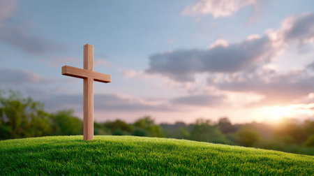 A serene scene of a wooden cross standing on a lush green hill, beautifully illuminated by a sunset sky, representing faith and spiritual reflection in nature.の素材