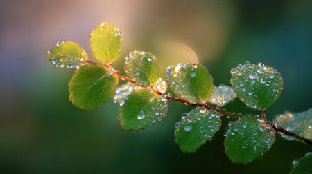 A close-up view of dew-covered green leaves on a branch, illuminated by gentle sunlight. The soft background creates a tranquil and refreshing atmosphere perfect for nature lovers.の素材