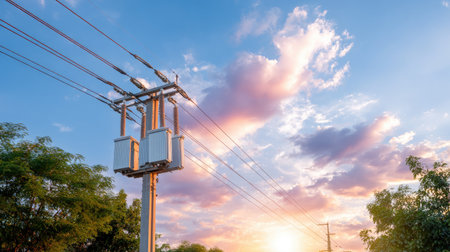 A striking image showcasing power lines silhouetted against a vibrant sunset sky adorned with colorful clouds and greenery. A perfect blend of technology and nature.の素材