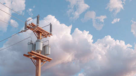 A close-up view of an electric utility pole featuring transformers and power lines, set against a backdrop of a bright blue sky filled with fluffy clouds.の素材