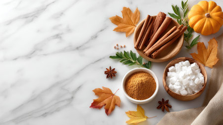 A beautiful arrangement of autumn spices including cinnamon sticks, sugar, and pumpkin atop a marble surface surrounded by colorful leaves, perfect for seasonal cooking.の素材