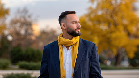 A stylish man in a yellow scarf stands outdoors in an urban environment, surrounded by vibrant autumn trees, exuding confidence and modern fashion sense.の素材