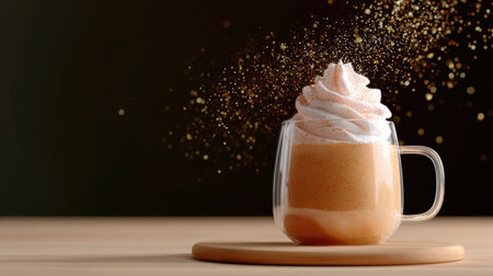 A beautifully styled creamy beverage in a glass cup, topped with whipped cream and shimmering dust, ideal for cozy or festive occasions, evoking warmth and indulgence.の素材