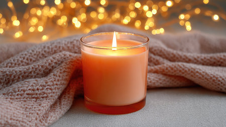 A serene scene featuring a glowing candle on soft knitted fabric, perfect for creating a cozy atmosphere. Ideal for relaxation and home decor visuals.の素材
